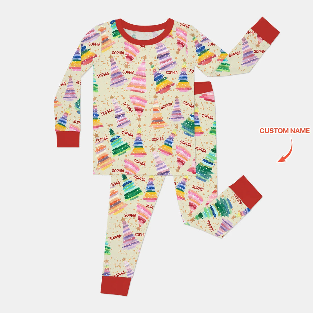 Personalized Twinkle Christmas Trees Two Piece Long Sleeve Pajama Set