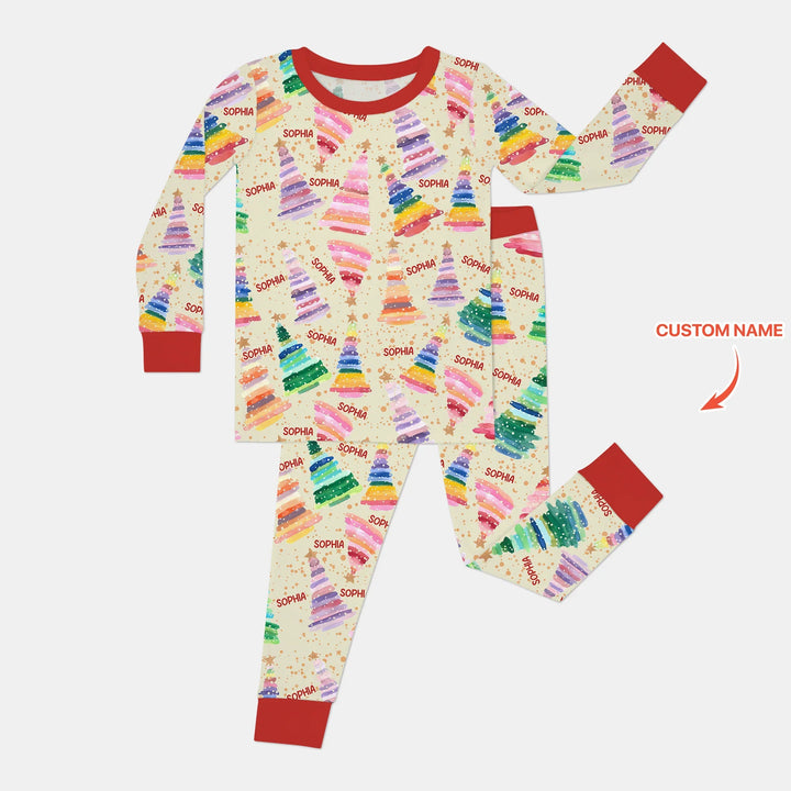 Personalized Twinkle Christmas Trees Two Piece Long Sleeve Pajama Set