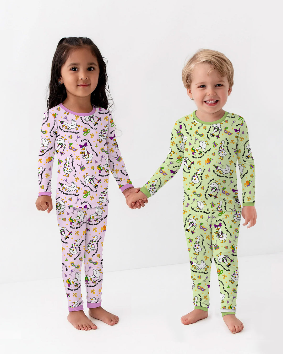 Mardi Gras Silly Goose Two Piece Long Sleeve Pajama Set
