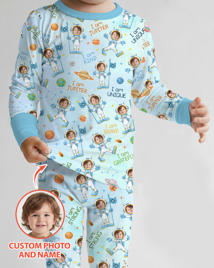 Custom Photo Kid Affirmations I Am Kind Astronaut Bamboo Two Piece Long Sleeve Pajama Set