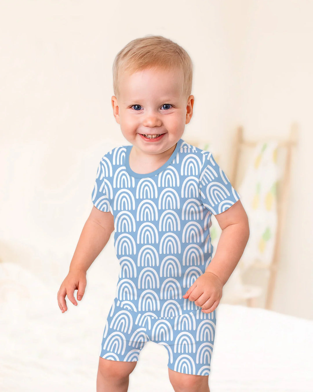 Sky Blue Rainbows Bamboo Two Piece Short Sleeve Shorts Pajama Set