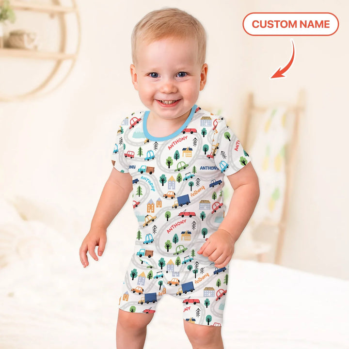 Custom Name Road Map Two Piece Short Sleeve Shorts Pajama Set