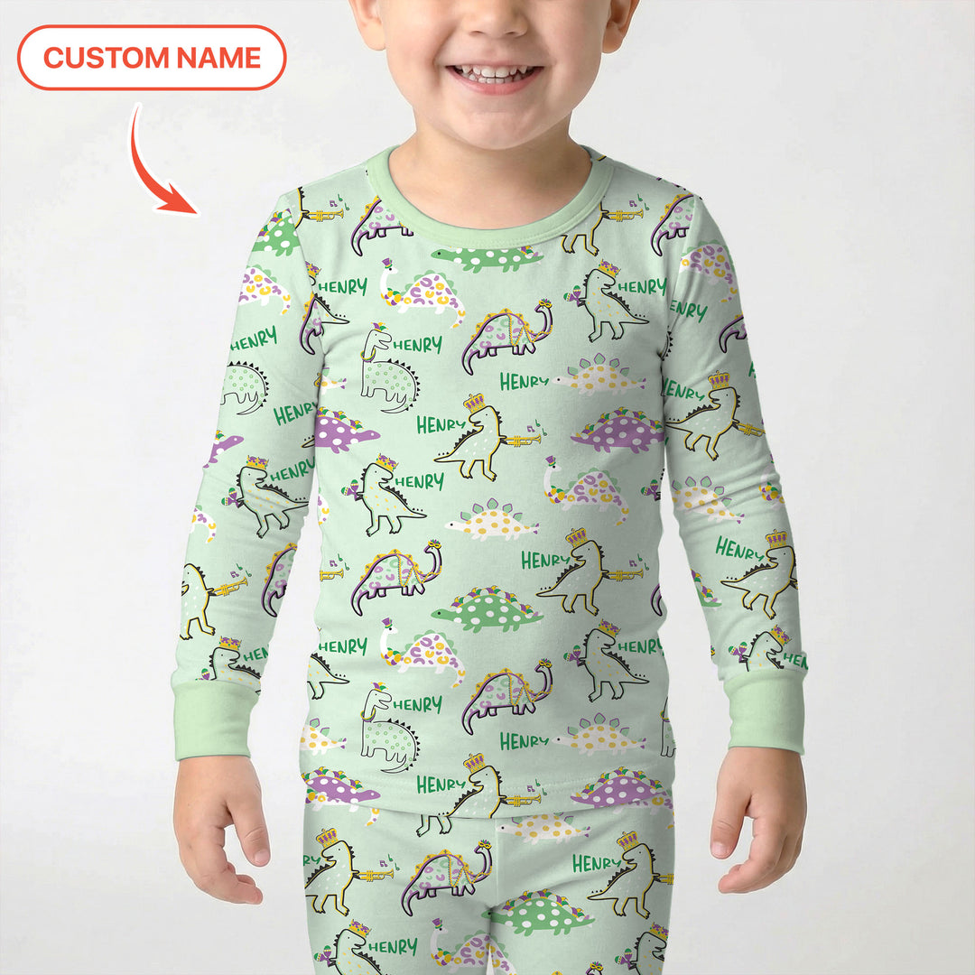 Custom Name Mardi Gras Saurus Two Piece Long Sleeve Pajama Set