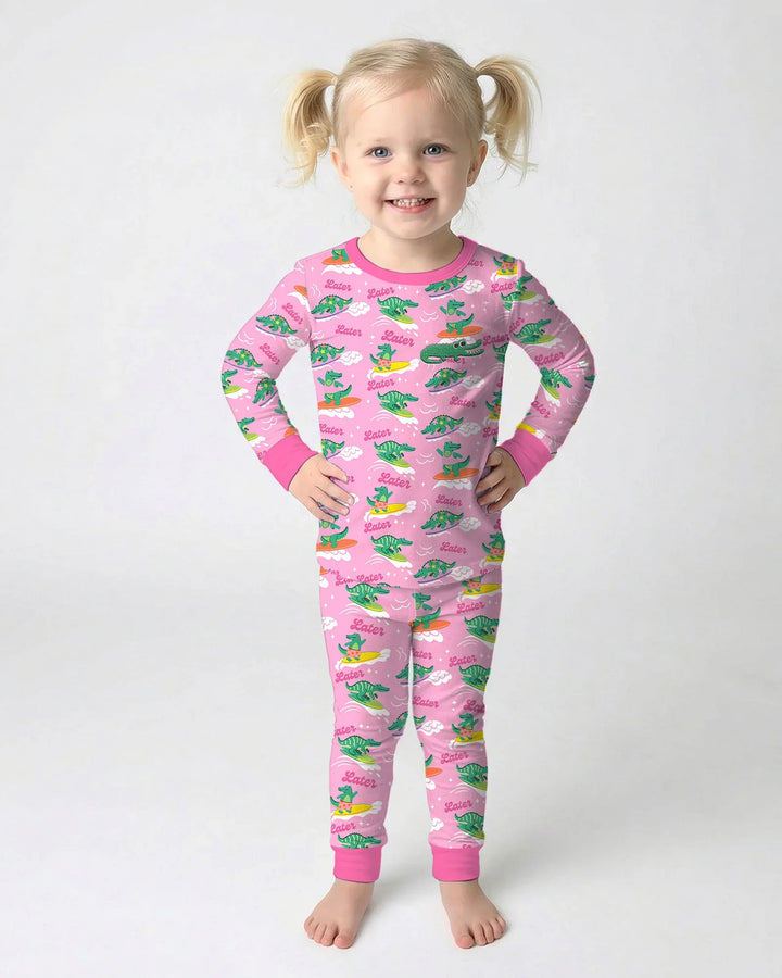 Conjunto de pijama de dos piezas de bambú de manga larga con cocodrilo bordado para verano