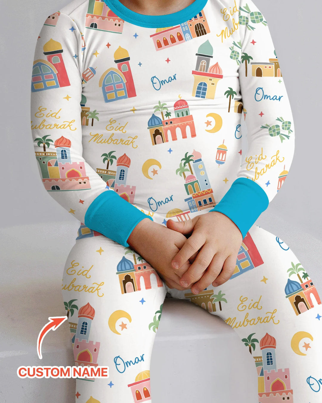 Eid Mubarak Custom Name Two Piece Long Sleeve Pajama Set