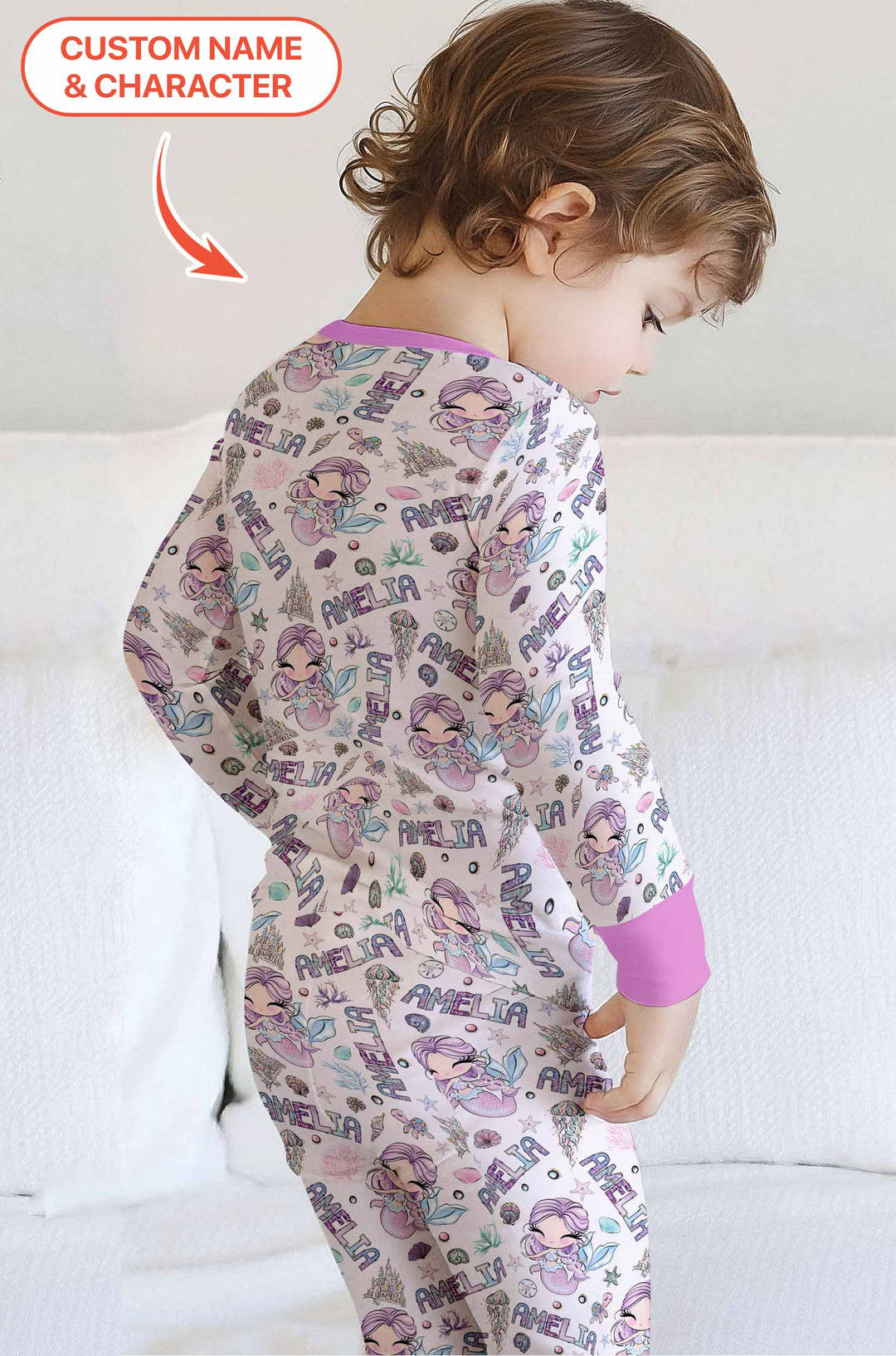 Custom Name Doodle Little Mermaid Two Piece Long Sleeve Pajama Set