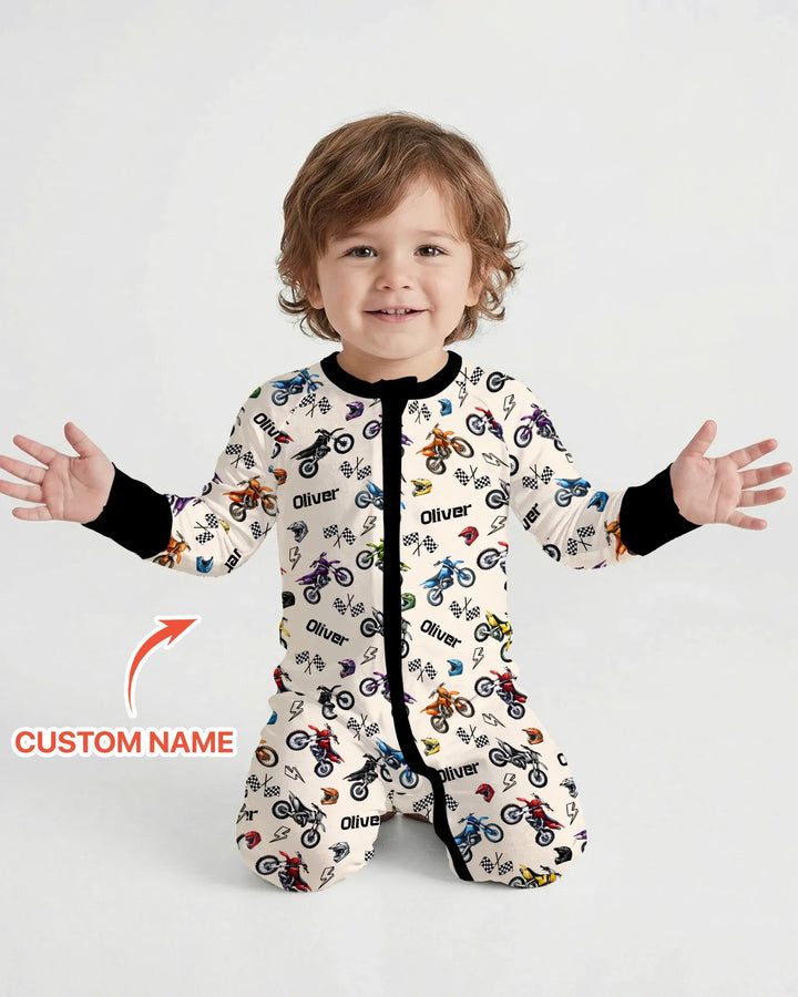Pijama convertible de bambú con cremallera Little Dirt Bike Rider con nombre personalizado
