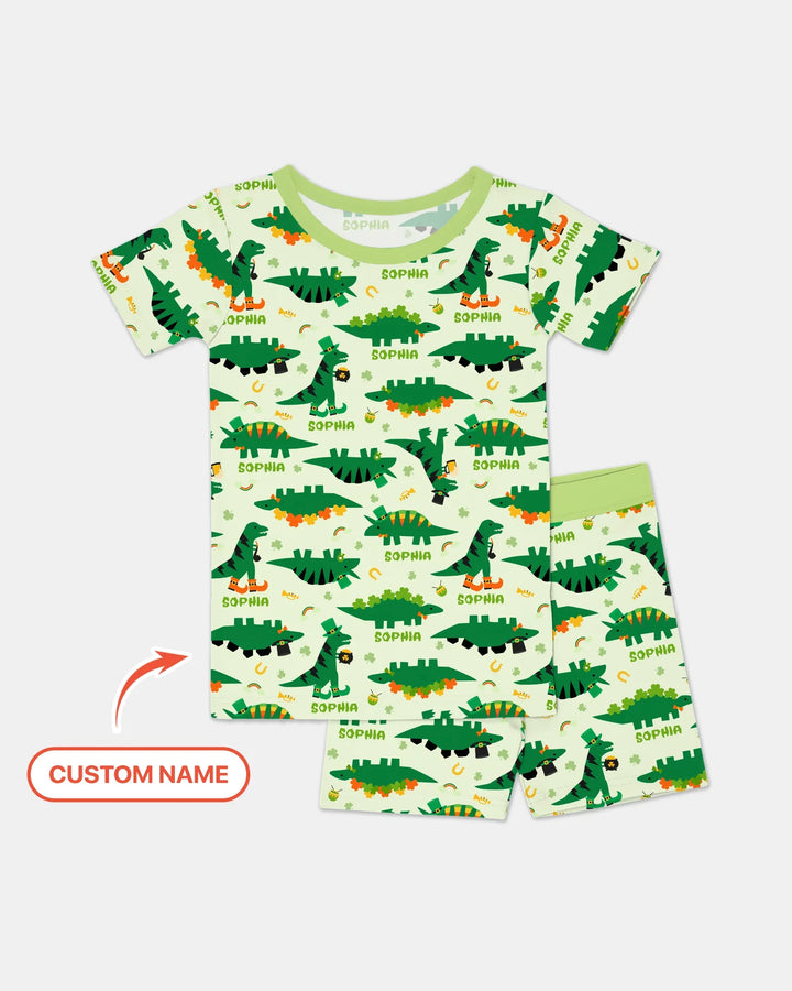 St. Patrick's Day Dinosaurs Custom Two Piece Short Sleeve Shorts Pajama Set