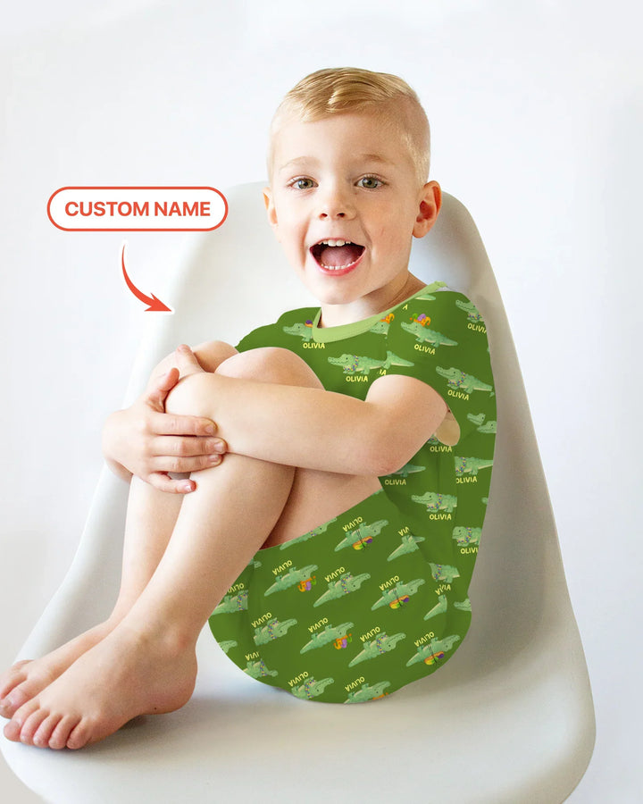 Custom Name Mardi Gras Gator Two Piece Short Sleeve Shorts Pajama Set