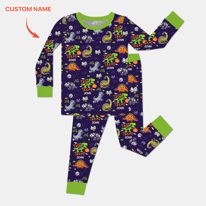 Trick Rawr Treat Custom Name Two Piece Long Sleeve Pajama Set