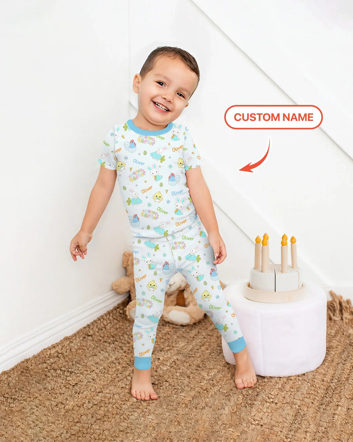 Custom name Happy Easter Two Piece Short Sleeve Pajama Set