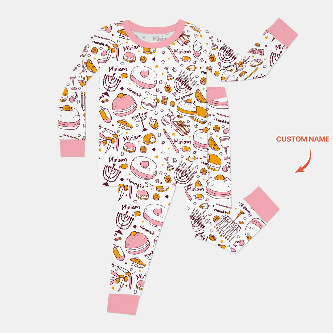 Happy Hanukkah Doodles Custom Name Family Matching Two Piece Long Sleeve Pajama Set