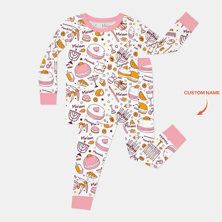 Happy Hanukkah Doodles Custom Name Family Matching Two Piece Long Sleeve Pajama Set