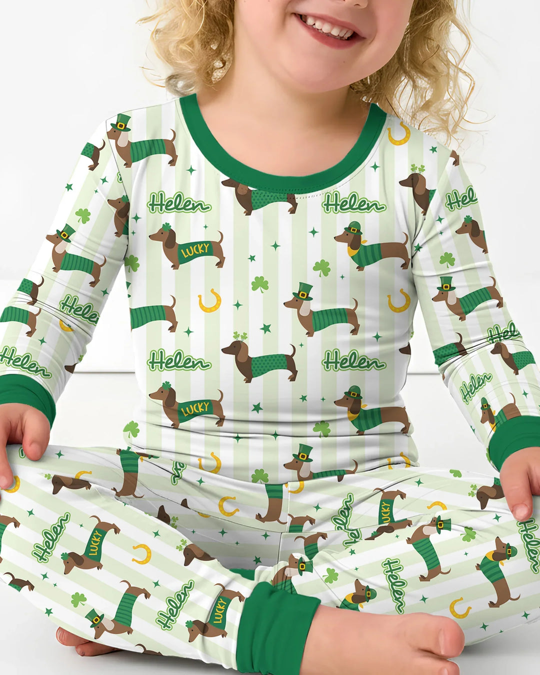 Lucky Dachshunds St. Patrick's Day Family Matching Two Piece Long Sleeve Pajama Set