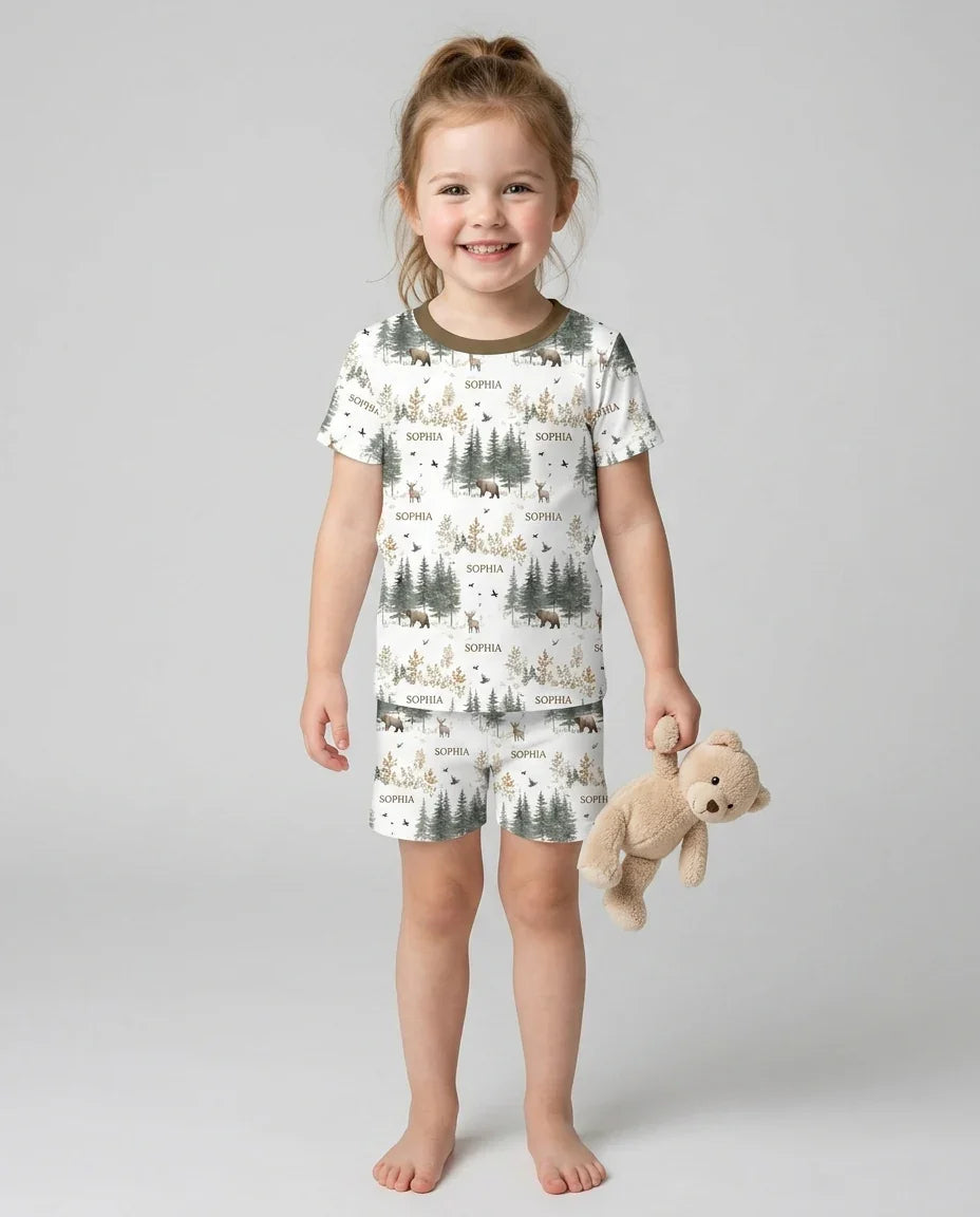 Conjunto de pijama de dos piezas con pantalones cortos y manga corta, oso de bosque, ciervo, bambú, nombre personalizado