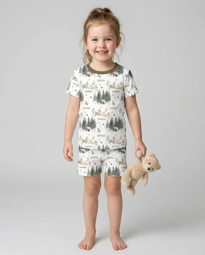 Conjunto de pijama de dos piezas con pantalones cortos y manga corta, oso de bosque, ciervo, bambú, nombre personalizado