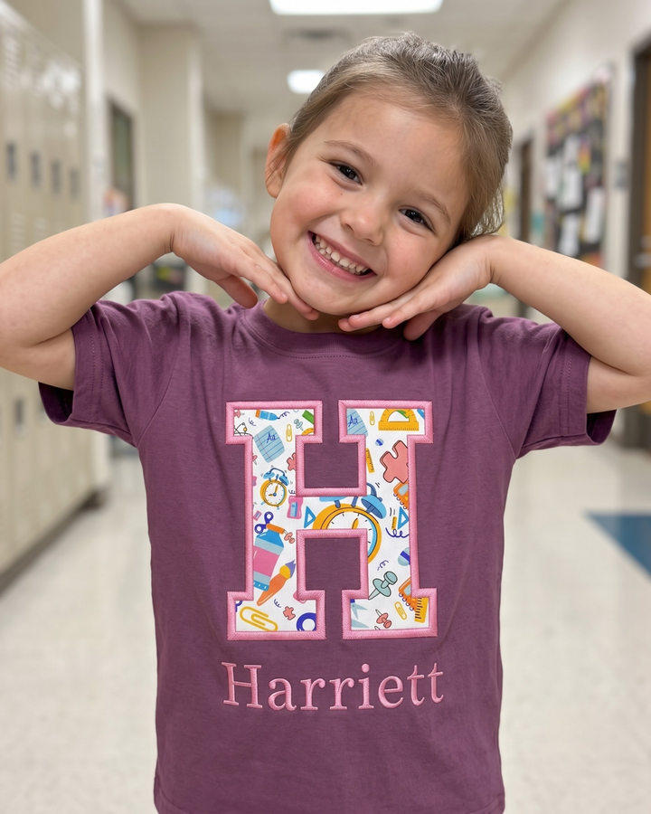Custom Name First Day Of School Applique Embroidered Bamboo Crewneck T-Shirt