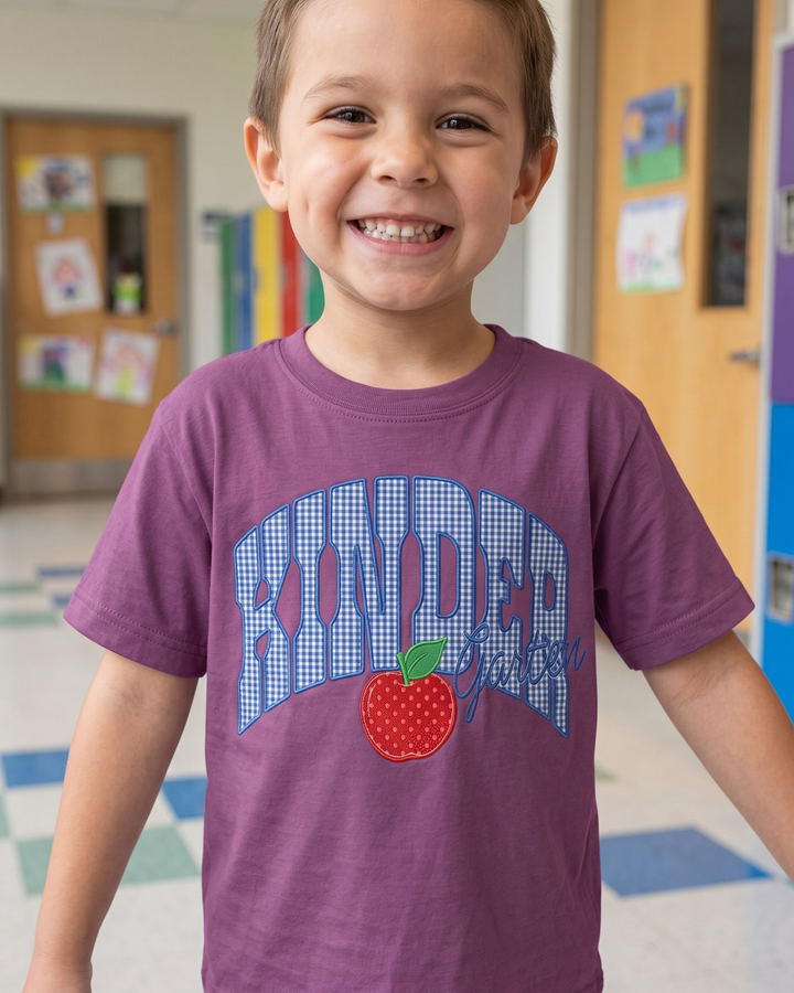 Hello Kinder Garten Applique Embroidered Bamboo Crewneck T-Shirt
