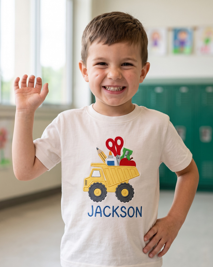 Custom Name Back to School Dump Truck Embroidered Bamboo Crewneck T-Shirt