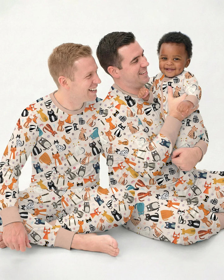 Pijama familiar de bambú para hombre a juego de la familia de gatos Goofy Mischief