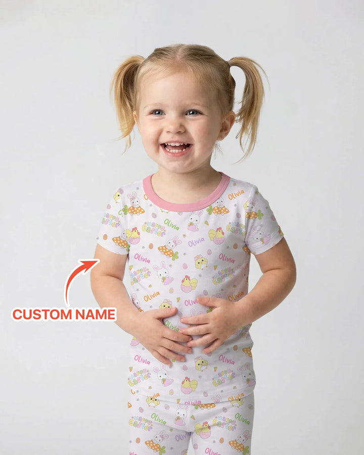 Custom name Happy Easter Two Piece Short Sleeve Pajama Set