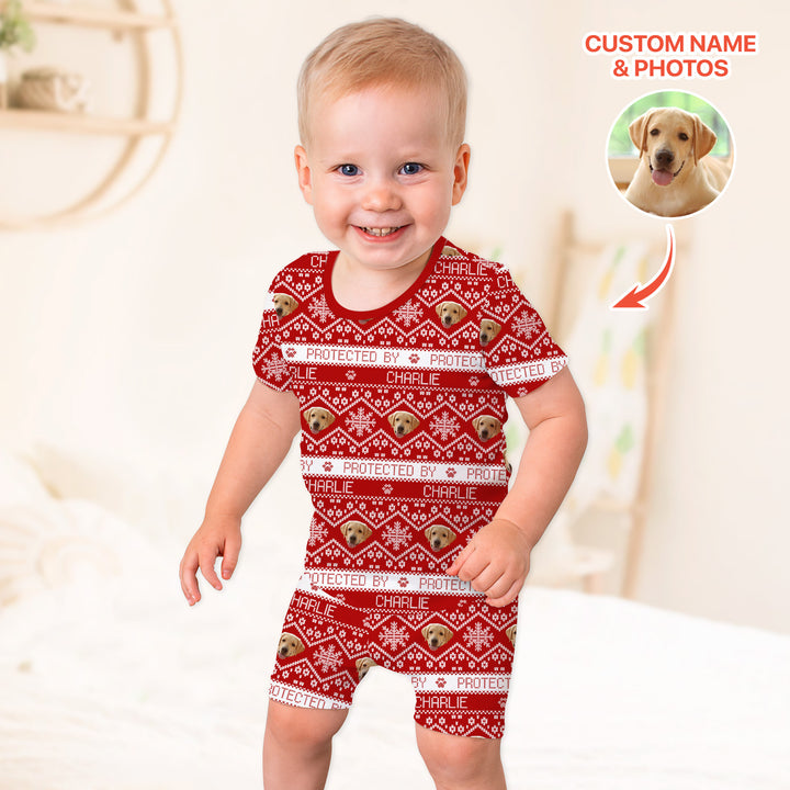 Custom Dog Photo Fair Isle Christmas Two Piece Short Sleeve Shorts Pajama Set