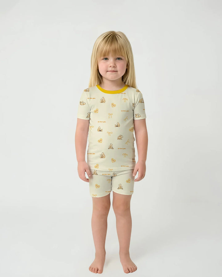 Sweat Yellow Mama Bear Two Piece Short Sleeve Shorts Pajama Set