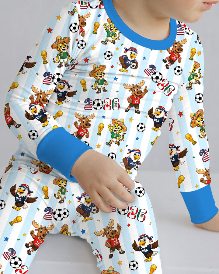 Striped Cute Mascots Soccer Cup 2026 Bamboo Two Piece Long Sleeve Pajama Set