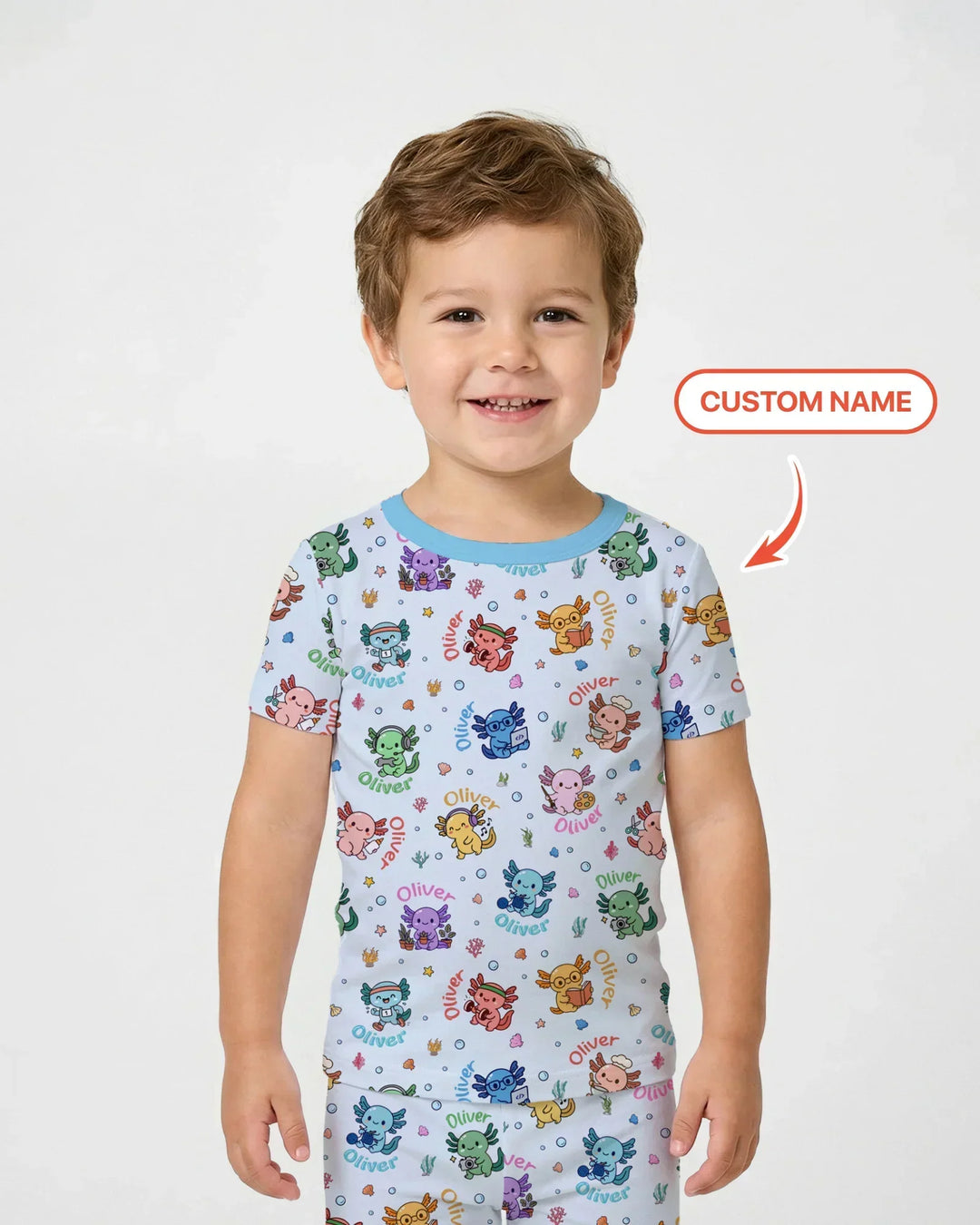 Custom Name Cute Hobby Axolotl Two Piece Short Sleeve Pajama Set