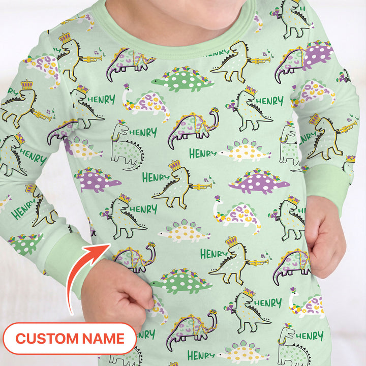 Custom Name Mardi Gras Saurus Two Piece Long Sleeve Pajama Set