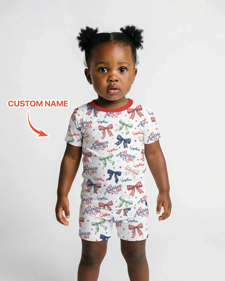 Custom Name All American Girl Bamboo Two Piece Short Sleeve Shorts Pajama Set