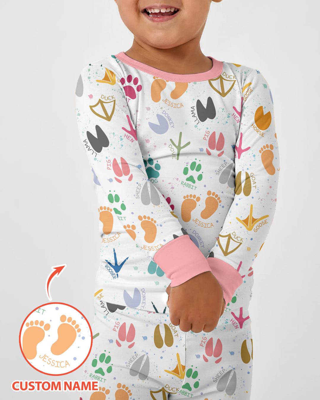 Cute Farm Animal Tracks Custom Name Bamboo Two Piece Long Sleeve Pajama Set
