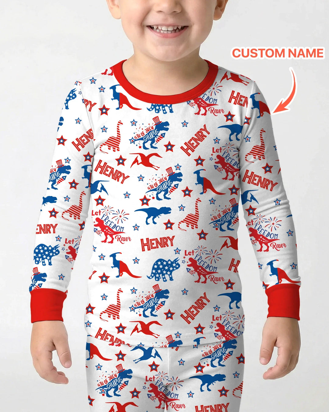 Custom Name Patriotic Dinosaur Bamboo Two Piece Long Sleeve Pajama Set