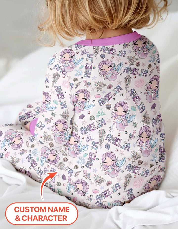 Custom Name Doodle Little Mermaid Two Piece Long Sleeve Pajama Set