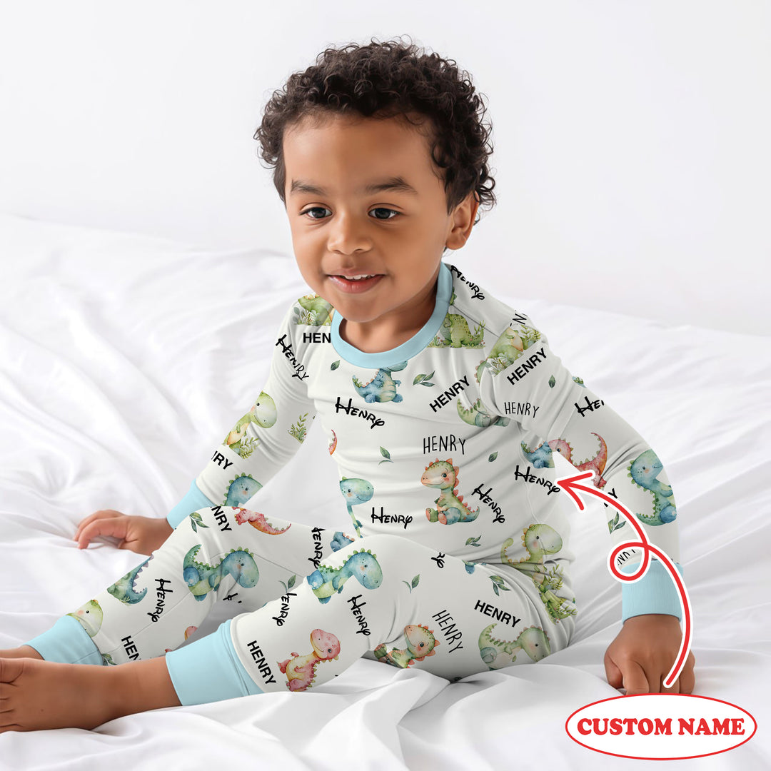 Dinosaur Custom Name Two Piece Long Sleeve Pajama Set