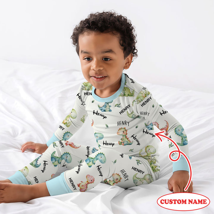 Dinosaur Custom Name Two Piece Long Sleeve Pajama Set