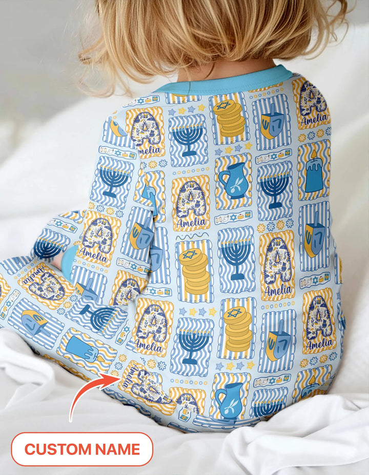 Custom Name Hanukkah Wonderland Two Piece Long Sleeve Pajama Set