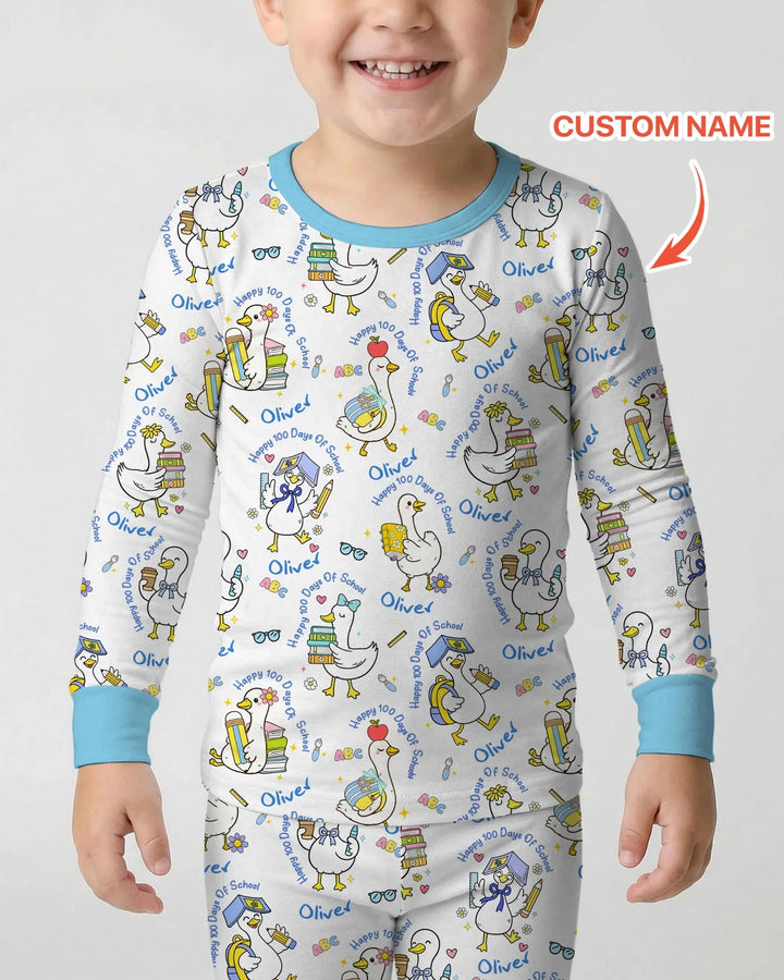 Custom Name Goose Happy 100 Days Of School Two Piece Long Sleeve Pajama Set
