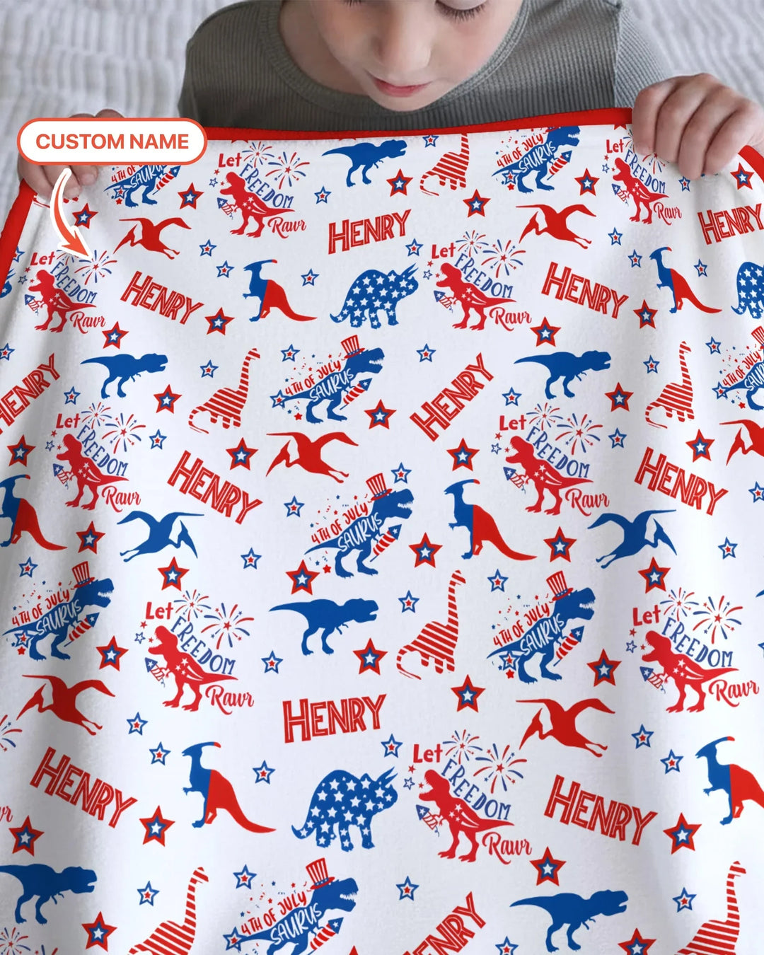 Custom Name Patriotic Dinosaur Bamboo Blanket