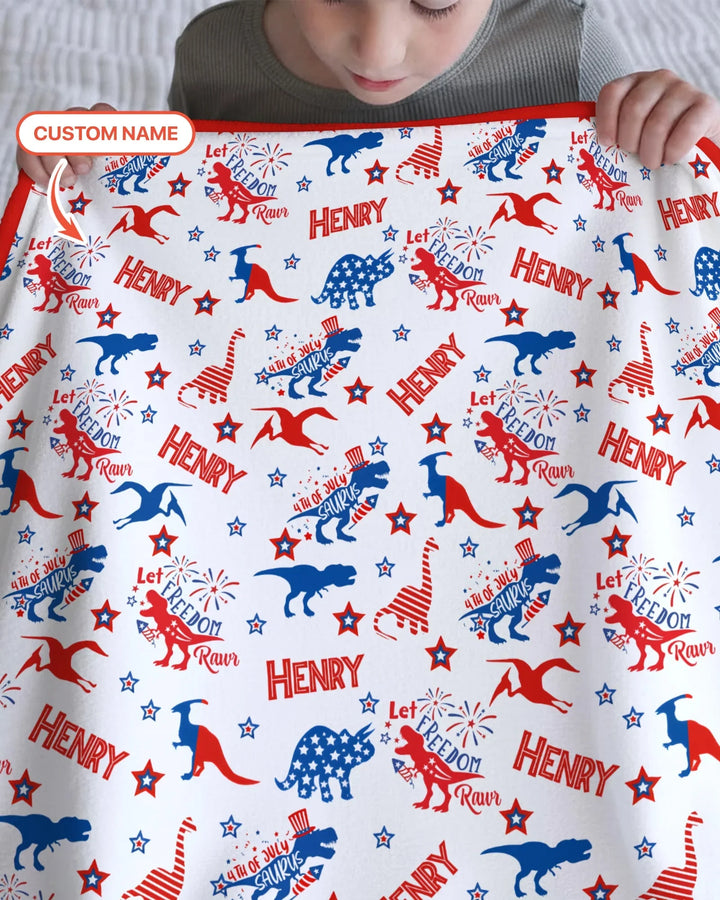 Custom Name Patriotic Dinosaur Bamboo Blanket