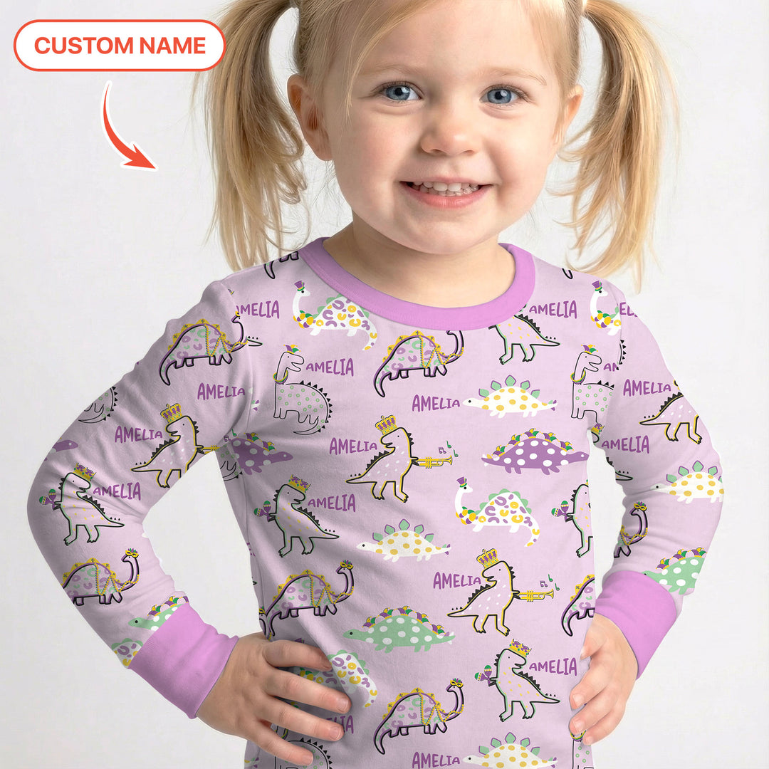 Custom Name Mardi Gras Saurus Two Piece Long Sleeve Pajama Set