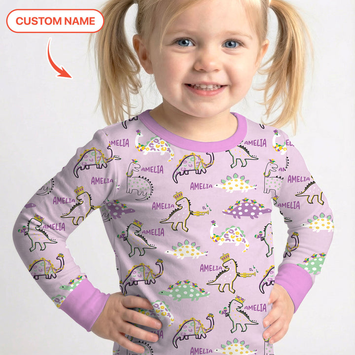 Custom Name Mardi Gras Saurus Two Piece Long Sleeve Pajama Set