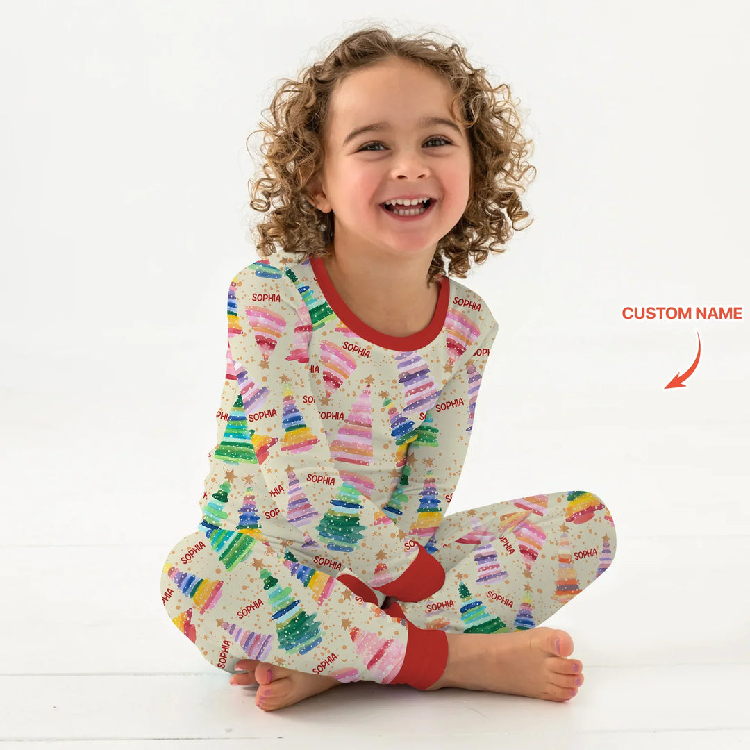 Personalized Twinkle Christmas Trees Two Piece Long Sleeve Pajama Set