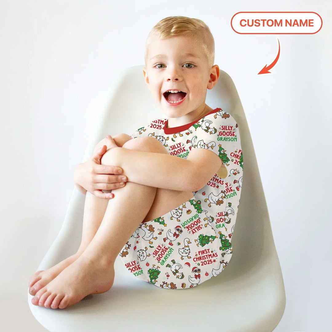 Custom Name "Silly Goose" Two Piece Short Sleeve Shorts Pajama Set (Red) , Custom Name "Silly Goose" Two Piece Short Sleeve Shorts Pajama Set (Red) - 12-18M