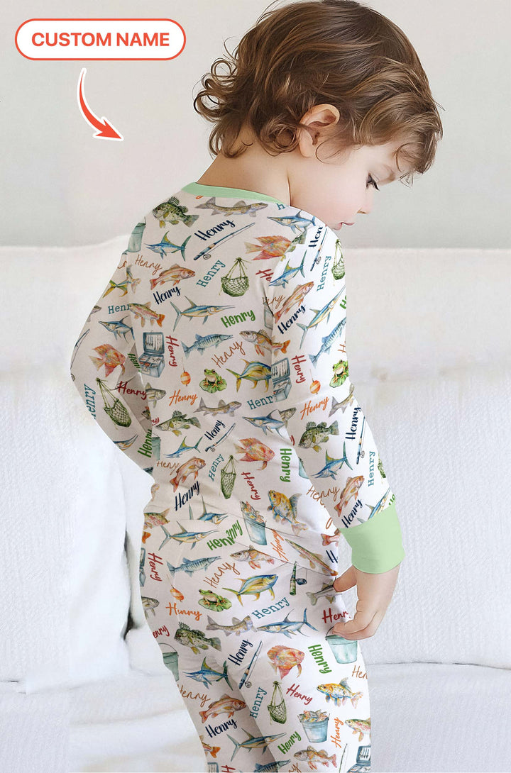 Happy Fishing Adventure Custom Name Two Piece Long Sleeve Pajama Set