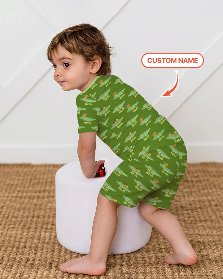 Custom Name Mardi Gras Gator Two Piece Short Sleeve Shorts Pajama Set