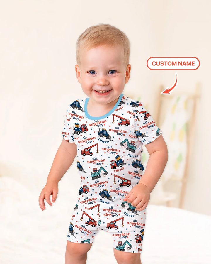 Nombre Personalizado Niño Americano Pijama de Dos Piezas de Bambú de Manga Corta y Pantalón Corto