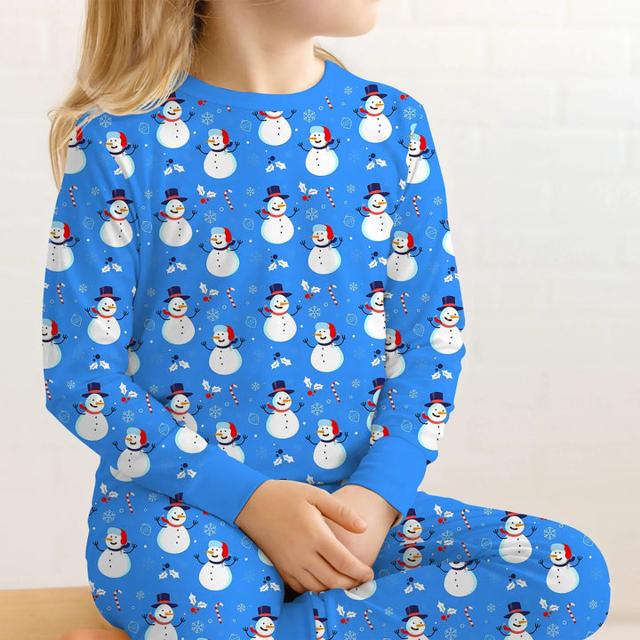 Blaues, zweiteiliges Weihnachtspyjama-Set mit Schneemann