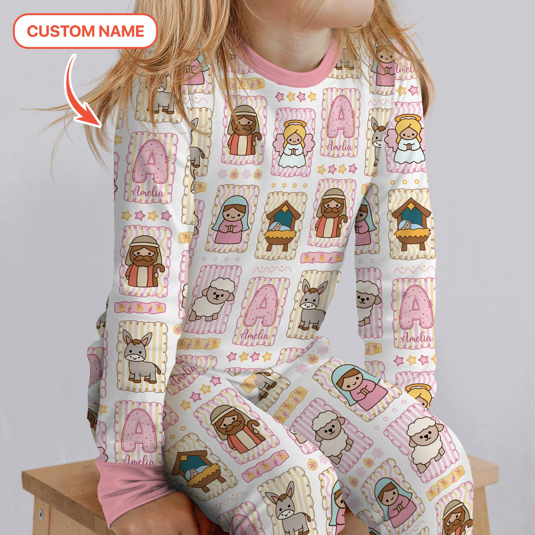Custom Name Christmas Nativity Two Piece Long Sleeve Pajama Set
