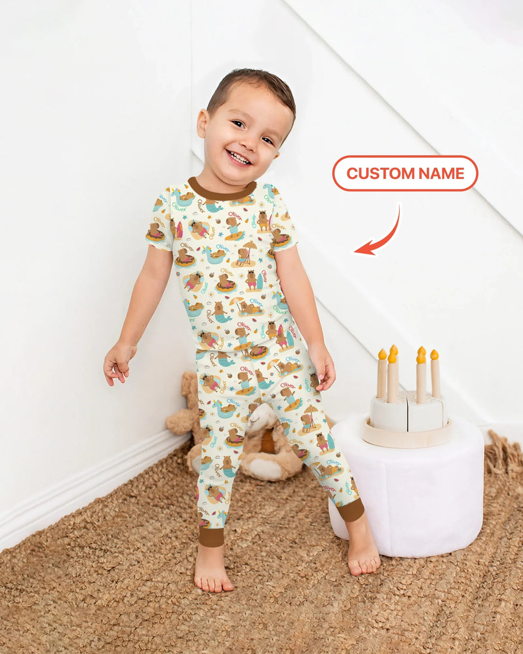 Don't Worry, Be Capy Custom Name Bamboo Two Piece Short Sleeve Pajama Set